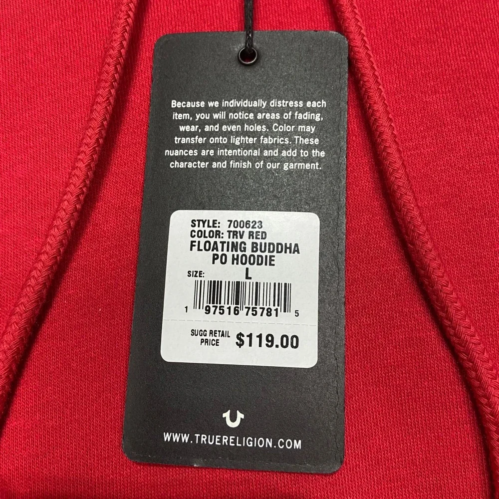 True Religion Brand‎ Jeans Mens L Floating Buddha Red Pullover Hoodie NWT